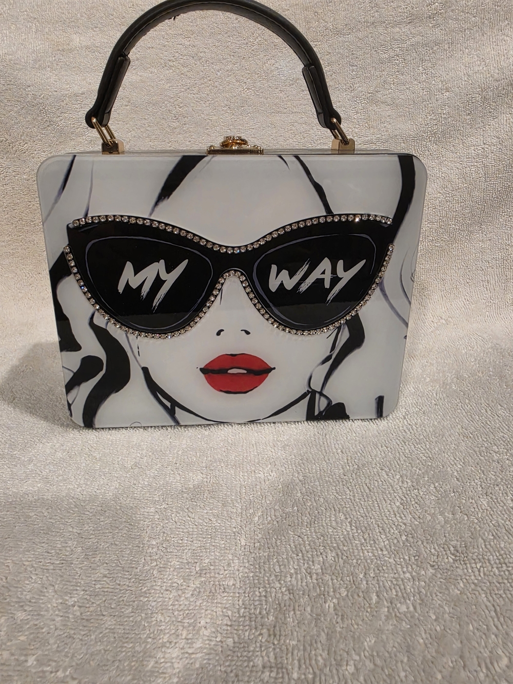 Graphic Box Clutch with Red Lip Accent in Black & White